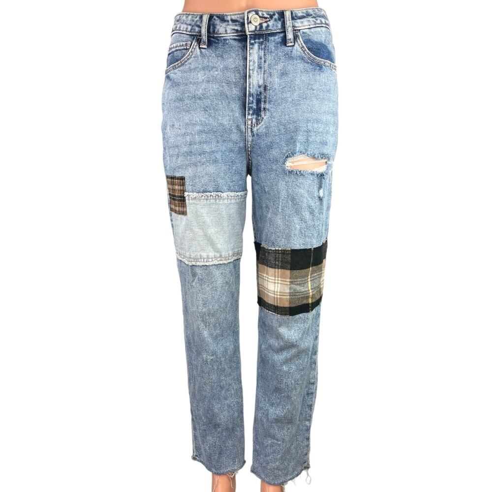 Hollister Blue Color Block High Rise Patchwork High Rise Mom Denim Jeans Size 27